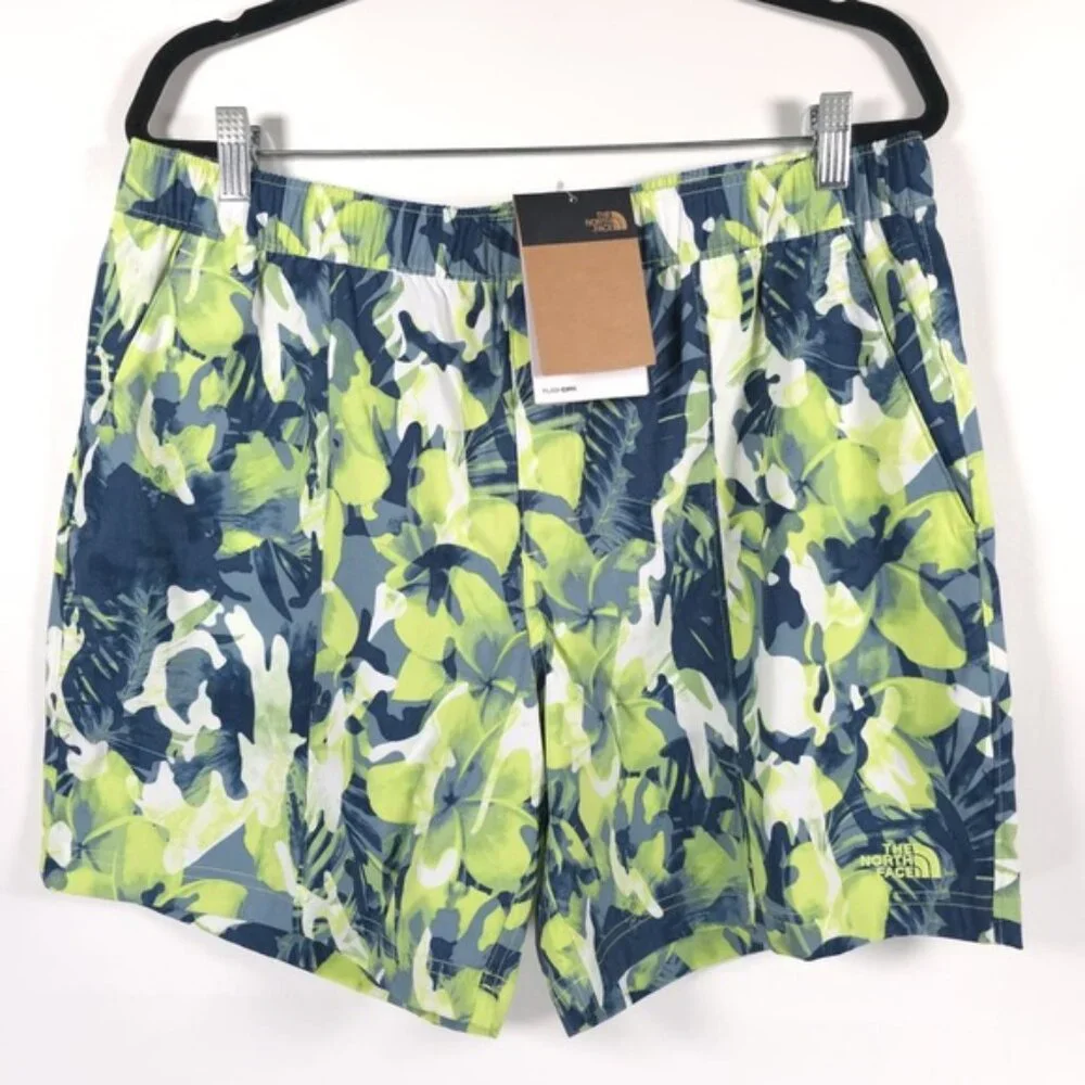 NWT THE NORTH FACE Class V PullOn Nylon Climbing Hiking Shorts Green Print LARGE